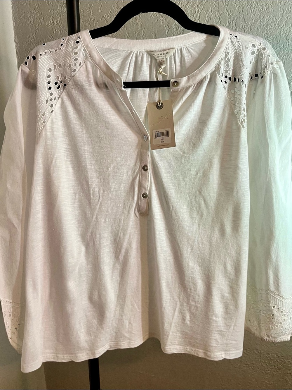 Lucky Brand White Eyelet Henley Long Sleeve Top